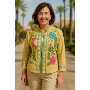 Whimsy Wearable Art S Yellow Embroidered Cropped Floral Jacket Beaded Textured